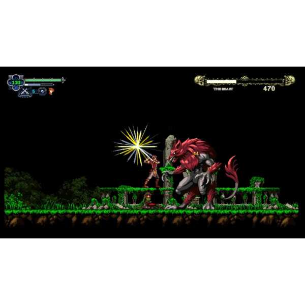 Pixel art game scene with hero fighting a large beast in a dark forest.