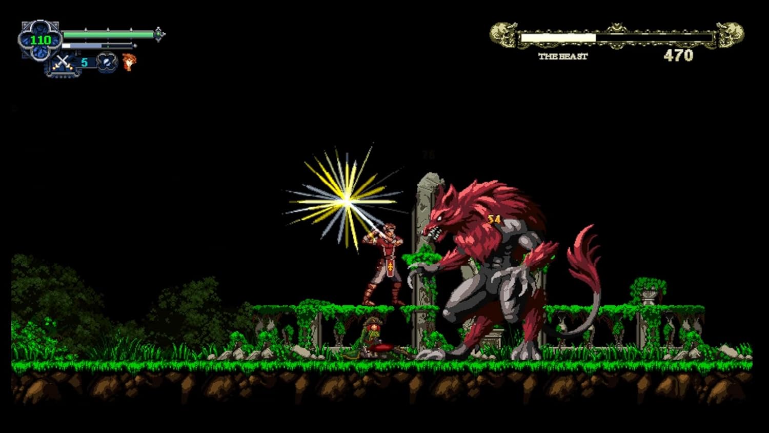 Pixel art game scene with hero fighting a large beast in a dark forest.