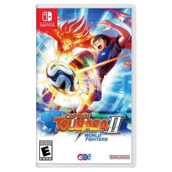 Captain Tsubasa Switch game cover with a young soccer player kicking a ball and a fiery dragon in th.