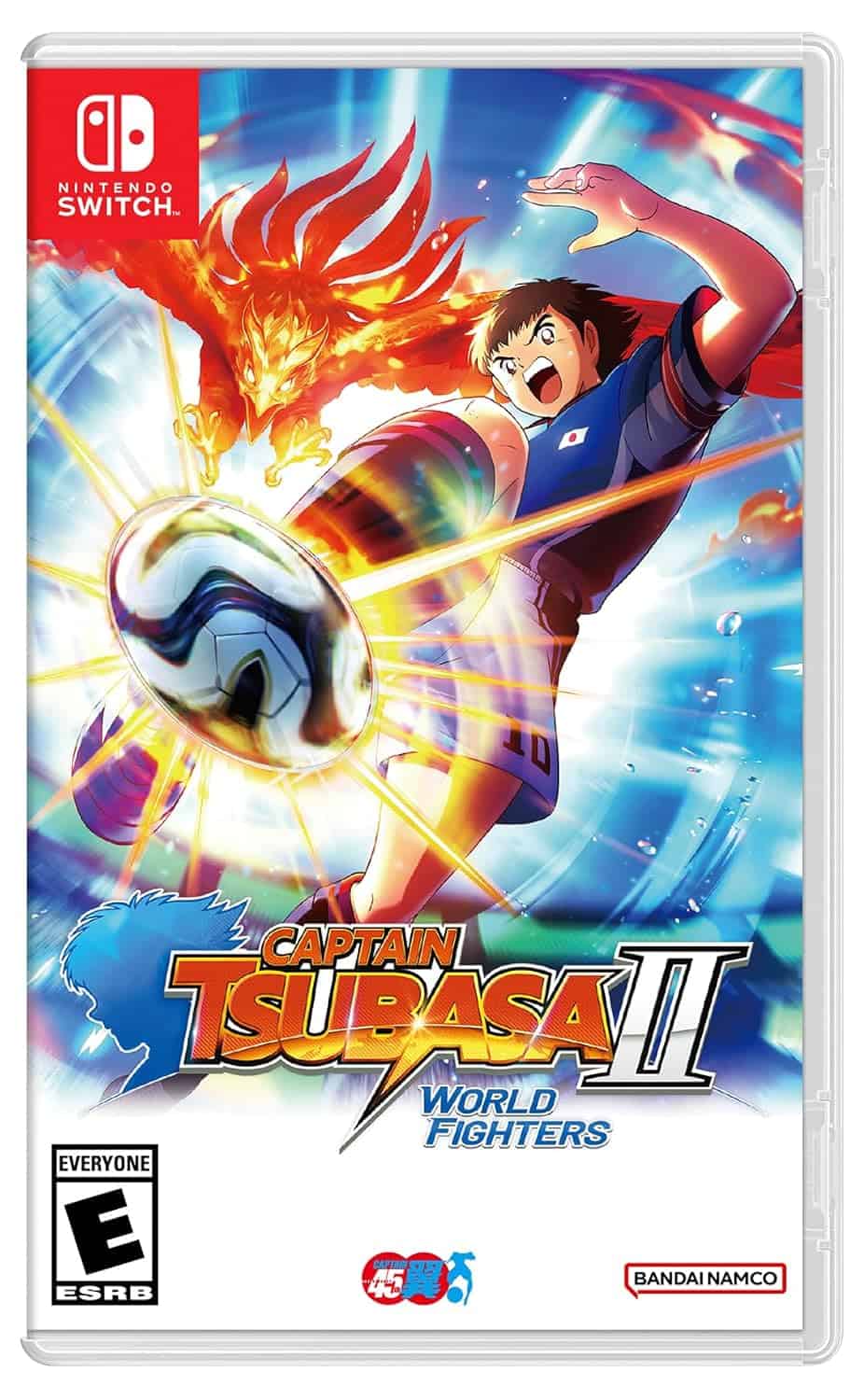 Captain Tsubasa Switch game cover with a young soccer player kicking a ball and a fiery dragon in th.