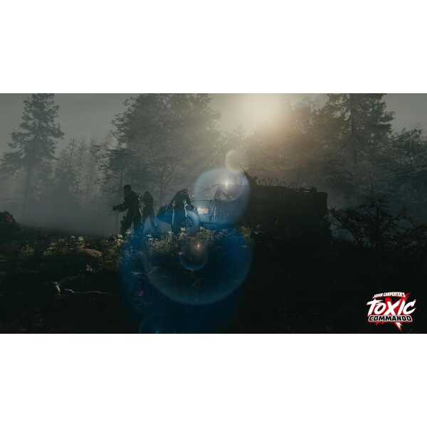 Post-apocalyptic scene with soldiers fighting zombies in a forest setting.