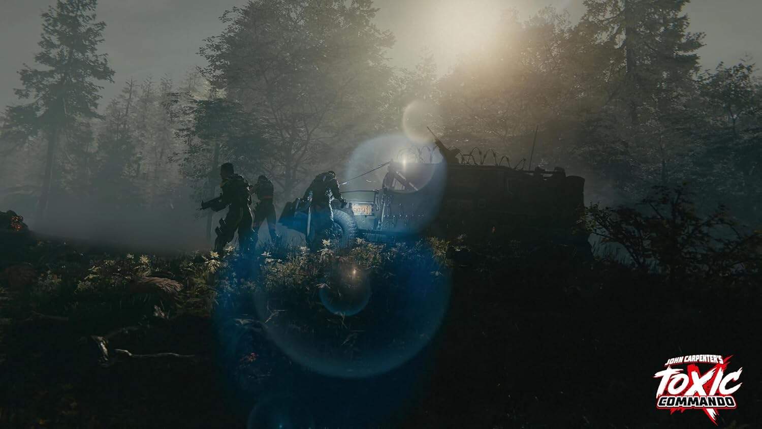Post-apocalyptic scene with soldiers fighting zombies in a forest setting.