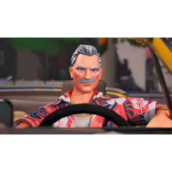 Taxi Chaos 2 Gameware figure in vibrant tropical shirt driving a taxi.