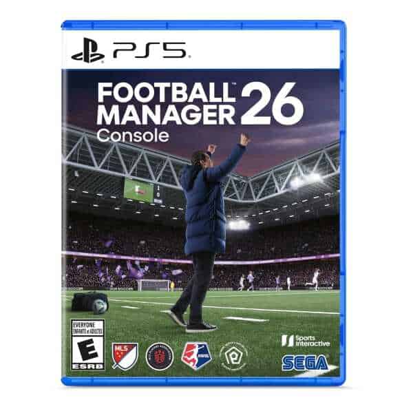 Football Manager 2026 PS5 game cover with stadium scene and coach.