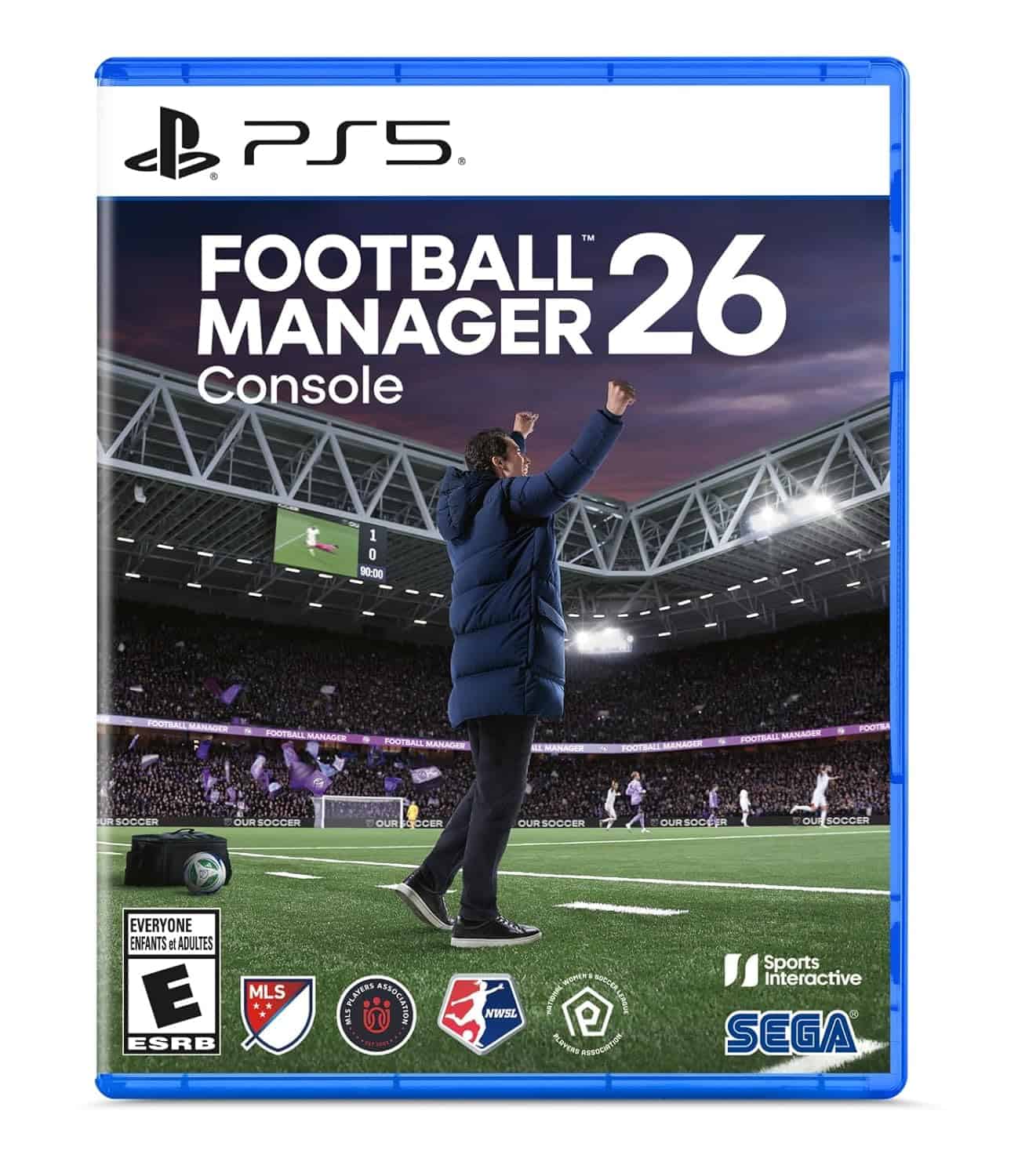 Football Manager 2026 PS5 game cover with stadium scene and coach.