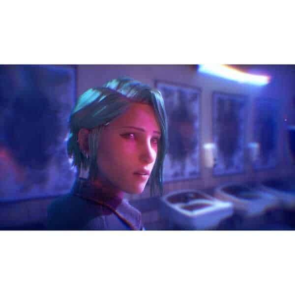 Female character with blue hair in a neon-lit laundromat scene from Life is Strange: Reunion.