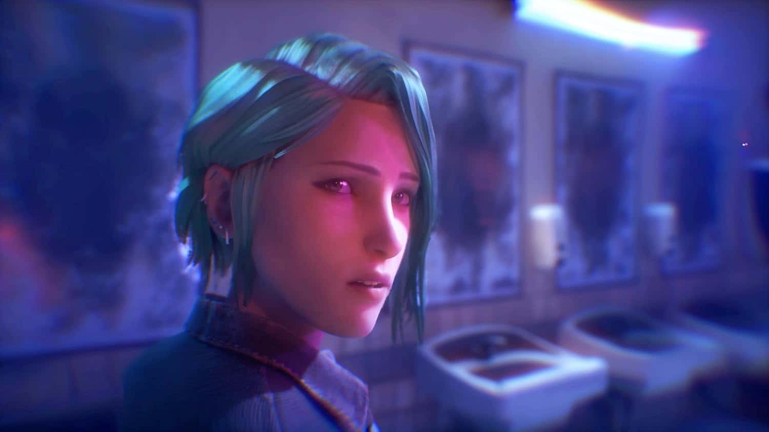 Female character with blue hair in a neon-lit laundromat scene from Life is Strange: Reunion.