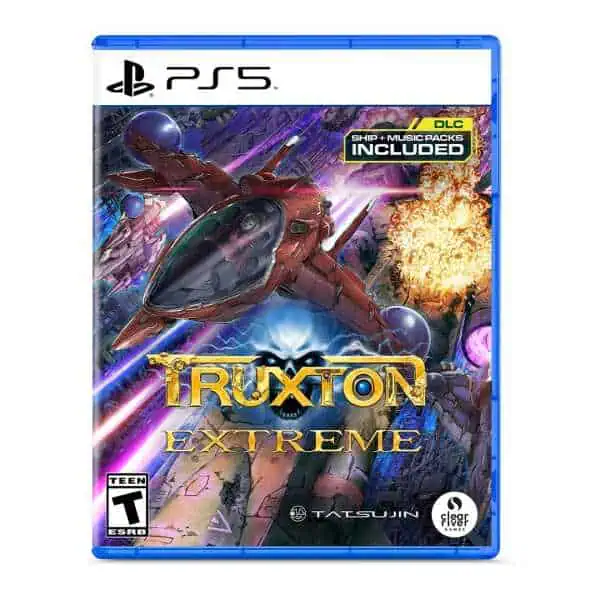 High-speed space combat game Truxton Extreme for PS5 with DLC and music packs included.
