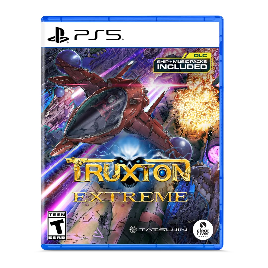 High-speed space combat game Truxton Extreme for PS5 with DLC and music packs included.