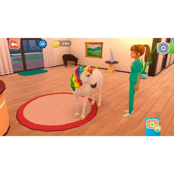 Virtual pet unicorn on a red rug in a bright, cozy room with wooden floors and large windows.