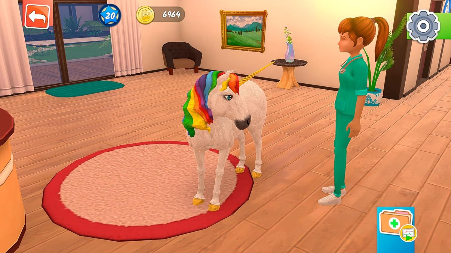 Virtual pet unicorn on a red rug in a bright, cozy room with wooden floors and large windows.