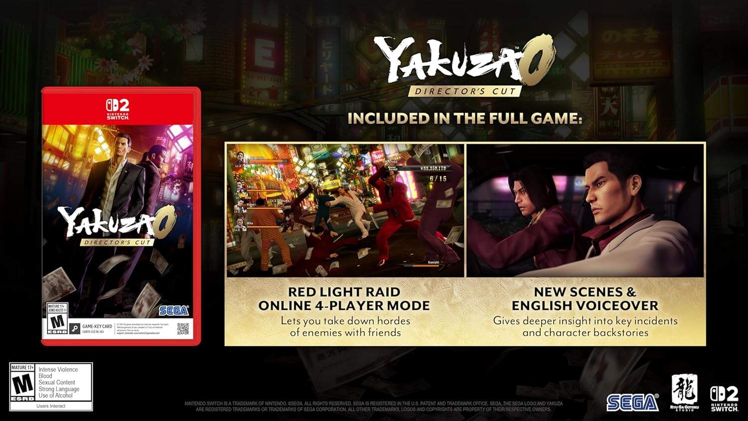 Yakuza 0 Director's Cut game cover and gameplay scenes for PC and console.