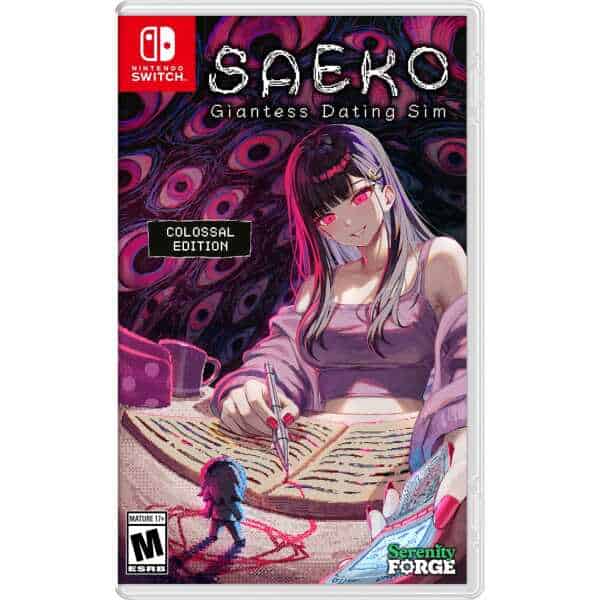 Giantess Dating Sim game cover featuring a large girl with pink hair and a tiny character, emphasizi.
