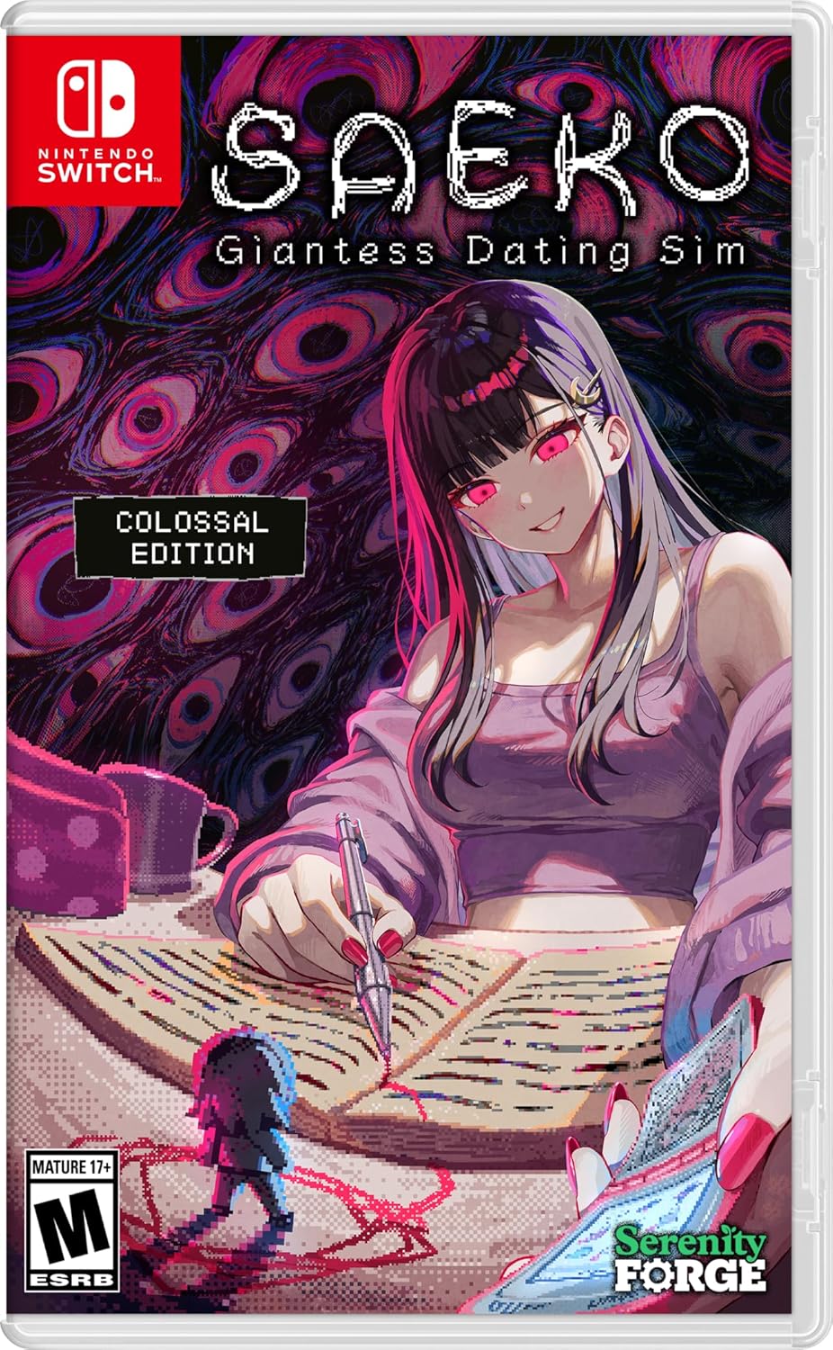 Giantess Dating Sim game cover featuring a large girl with pink hair and a tiny character, emphasizi.