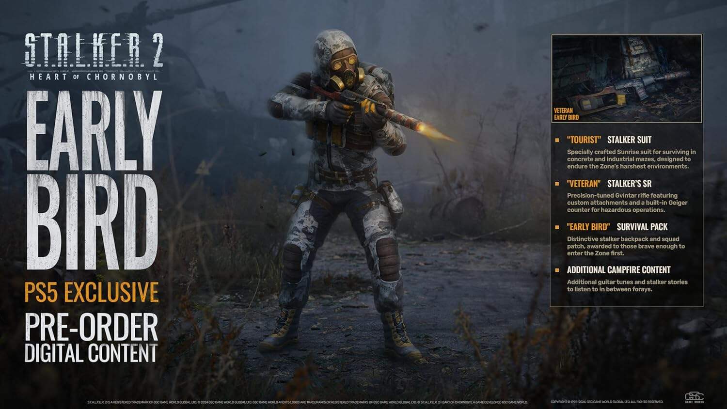 S.T.A.L.K.E.R. 2 game character in a post-apocalyptic landscape with weapon.