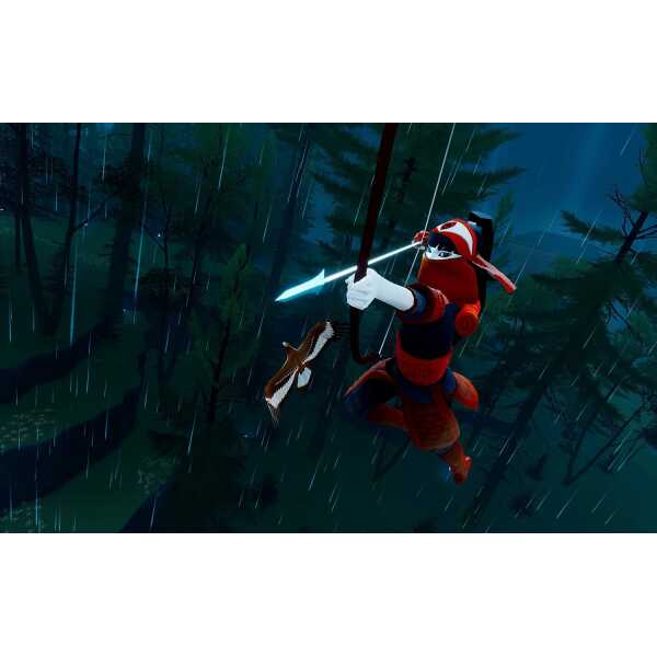 Ninja archer character aiming a bow and arrow in a rainy rainforest scene.