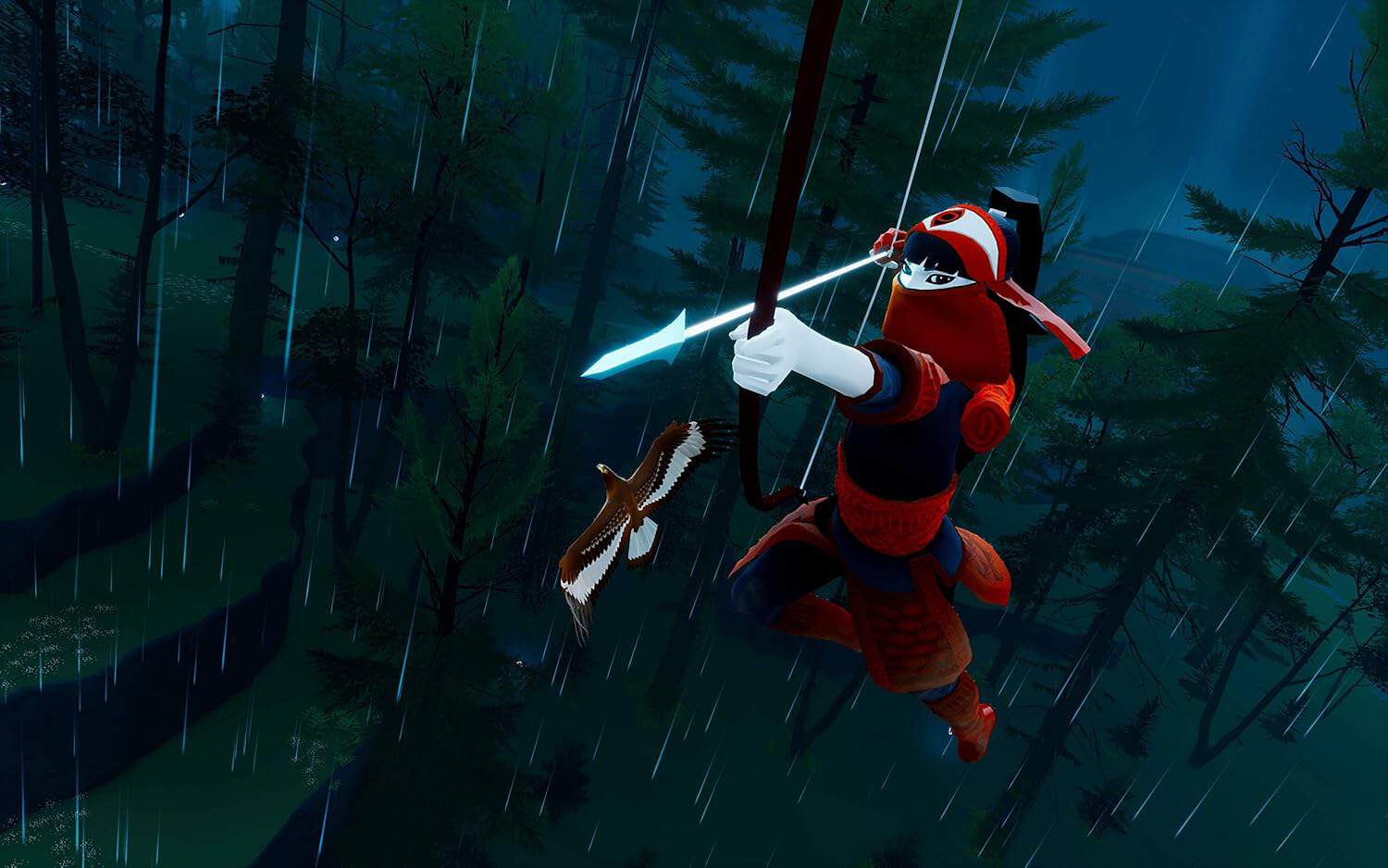 Ninja archer character aiming a bow and arrow in a rainy rainforest scene.