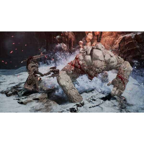 Epic fantasy battle with a warrior fighting a giant stone creature in a rugged, icy landscape.