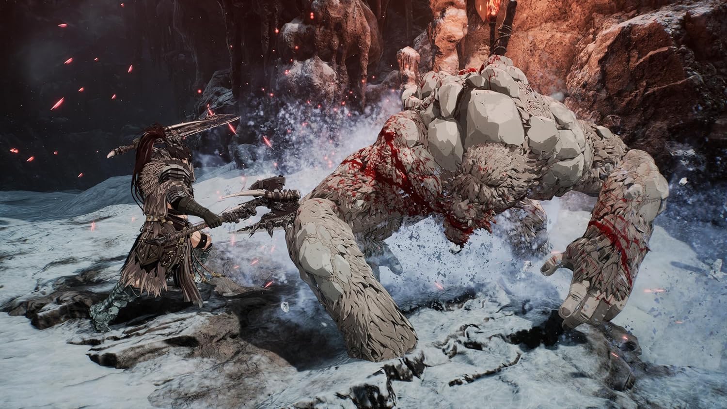 Epic fantasy battle with a warrior fighting a giant stone creature in a rugged, icy landscape.