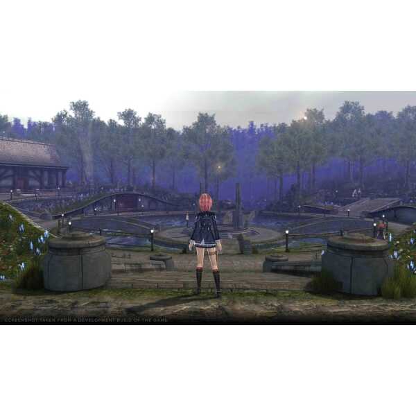 Fantasy game environment with a character overlooking a mystical park scene.