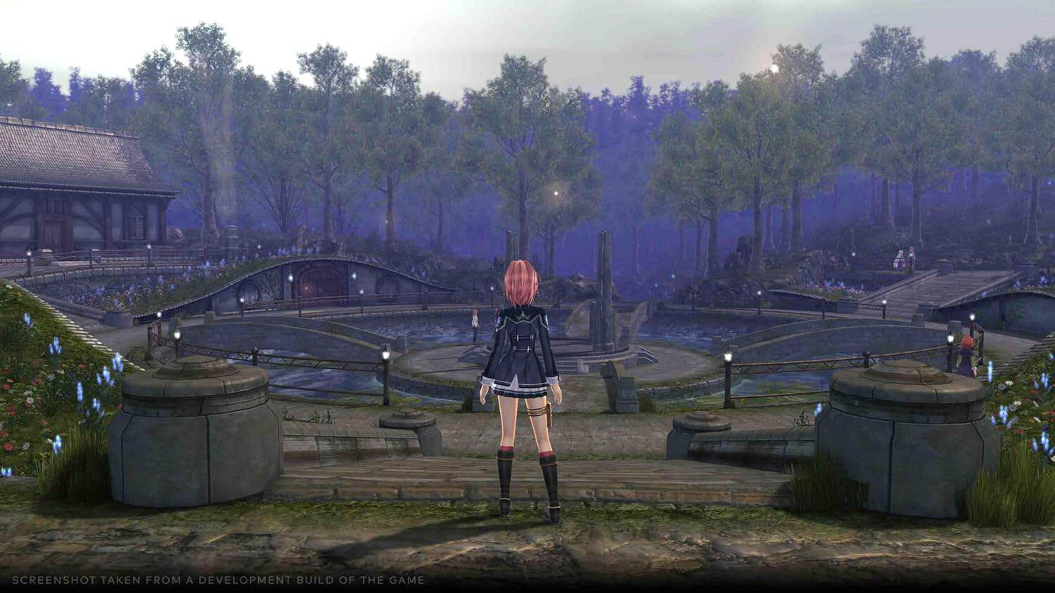 Fantasy game environment with a character overlooking a mystical park scene.