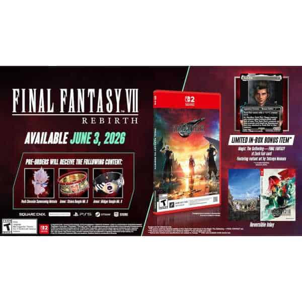 Final Fantasy VII Rebirth Day One Edition with exclusive Magic: The Gathering promo card.