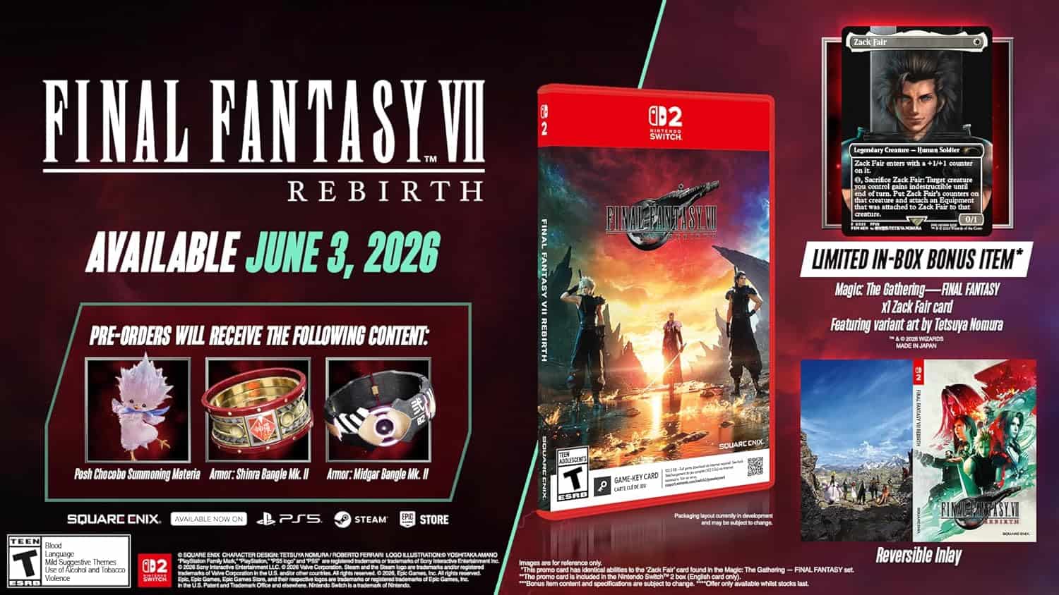 Final Fantasy VII Rebirth Day One Edition with exclusive Magic: The Gathering promo card.