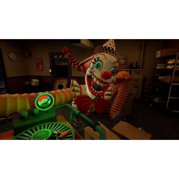 Playful clown toy with colorful accessories in a game arcade setting.
