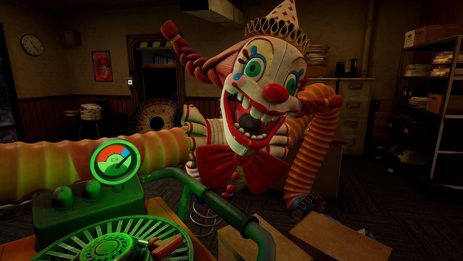 Playful clown toy with colorful accessories in a game arcade setting.