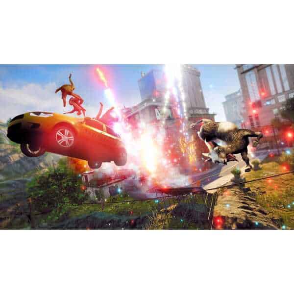 Chaos in Goat Simulator 3 with cars, goats, and explosions in a cityscape.