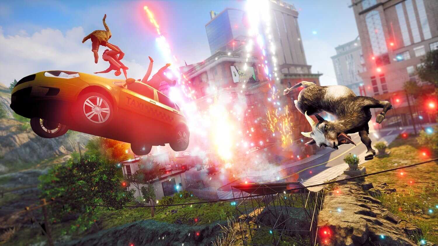 Chaos in Goat Simulator 3 with cars, goats, and explosions in a cityscape.