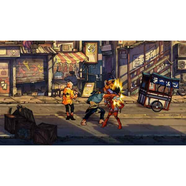 Intense street fight scene from Streets of Rage 4 with characters battling in an urban setting.