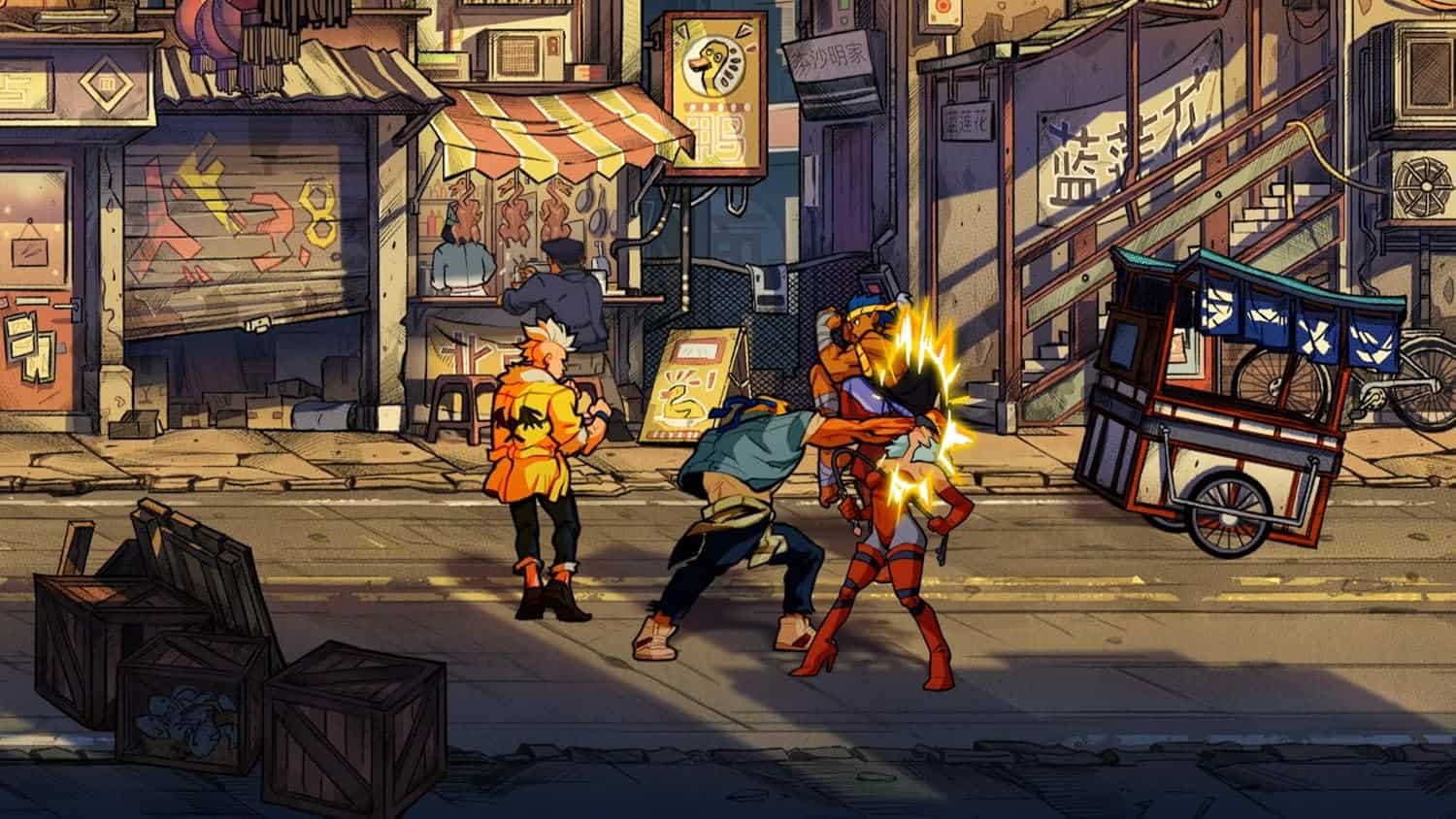Intense street fight scene from Streets of Rage 4 with characters battling in an urban setting.