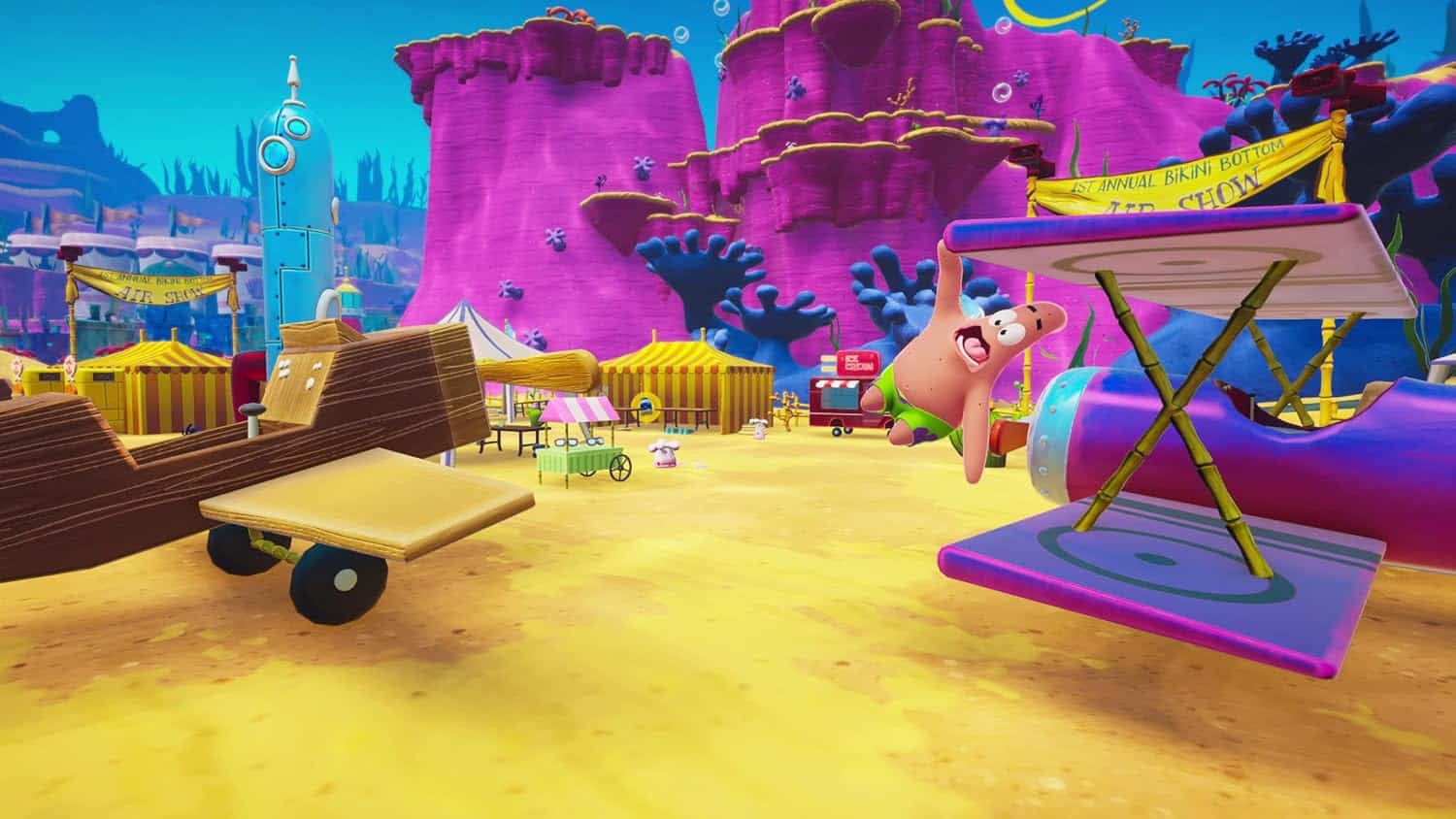 Colorful cartoon playground with vibrant structures and characters.