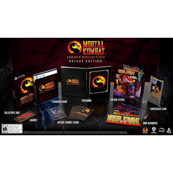 Mortal Kombat Legacy Kollection Deluxe Edition game set with box, cards, and accessories.