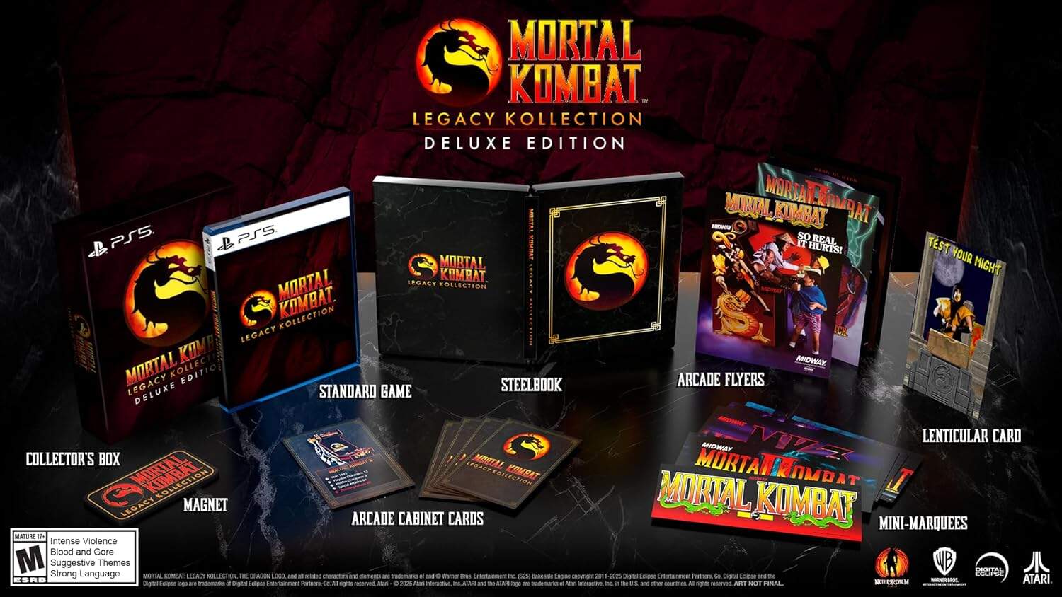 Mortal Kombat Legacy Kollection Deluxe Edition game set with box, cards, and accessories.