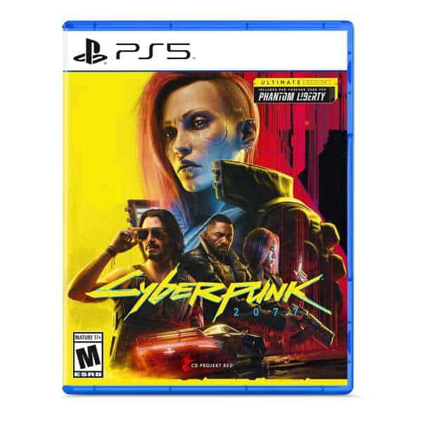 PS5 Cyberpunk 2077 game cover featuring futuristic characters and neon cityscape.