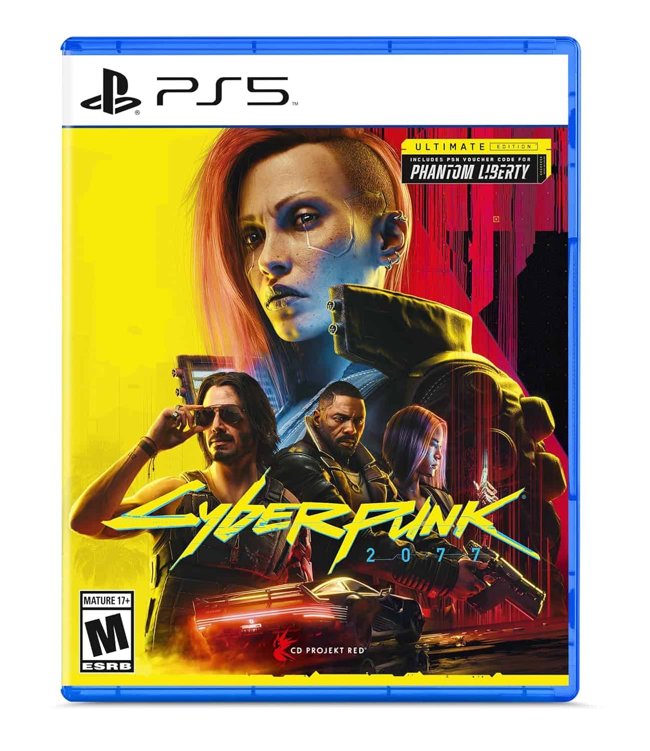 PS5 Cyberpunk 2077 game cover featuring futuristic characters and neon cityscape.