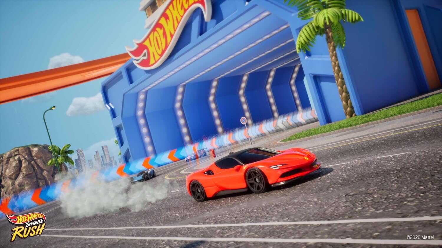 Hot Wheels car racing on track with Hot Wheels Hot Spot in background.