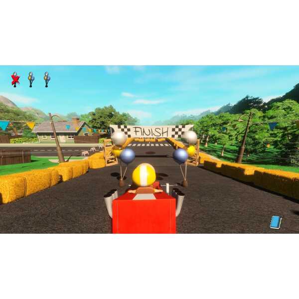 Cartoon racing game scene with Snoopy at the finish line.