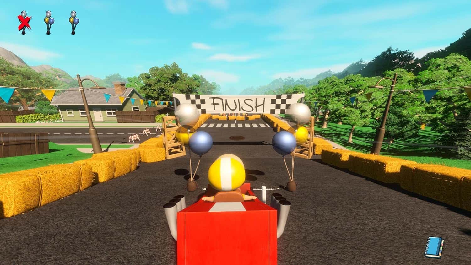 Cartoon racing game scene with Snoopy at the finish line.