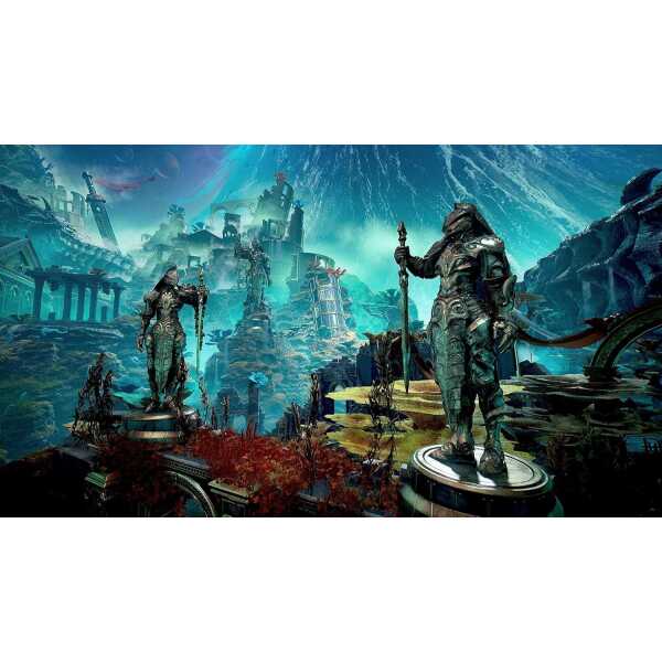 Ancient statues and ruins set in a mystical, lush landscape with vibrant colors and fantasy elements.