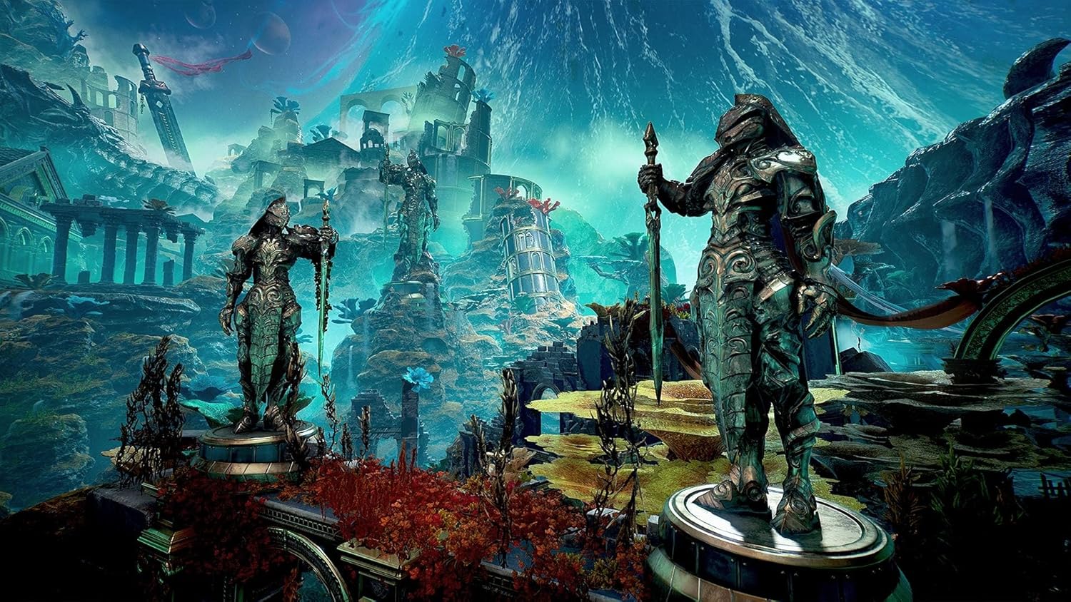 Ancient statues and ruins set in a mystical, lush landscape with vibrant colors and fantasy elements.