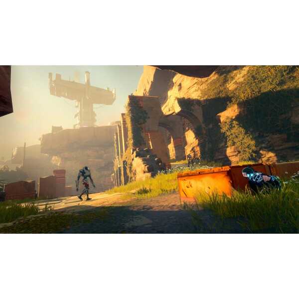 Futuristic game scene with a robot and ancient ruins at sunset.