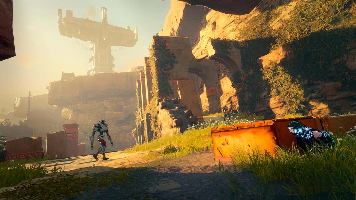 Futuristic game scene with a robot and ancient ruins at sunset.