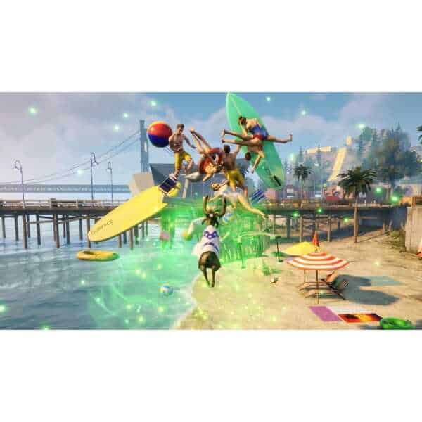 Multiple goats causing chaos on a beach with water sports equipment.