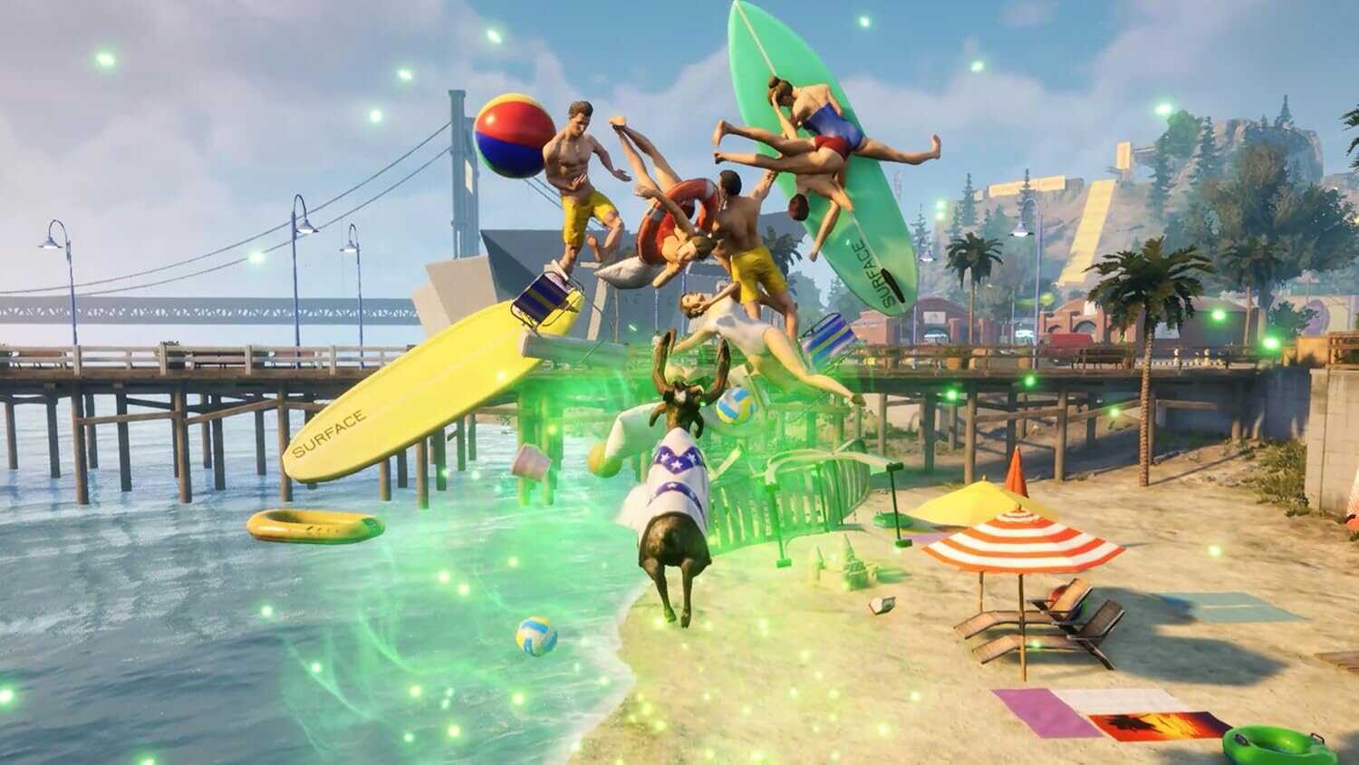 Multiple goats causing chaos on a beach with water sports equipment.