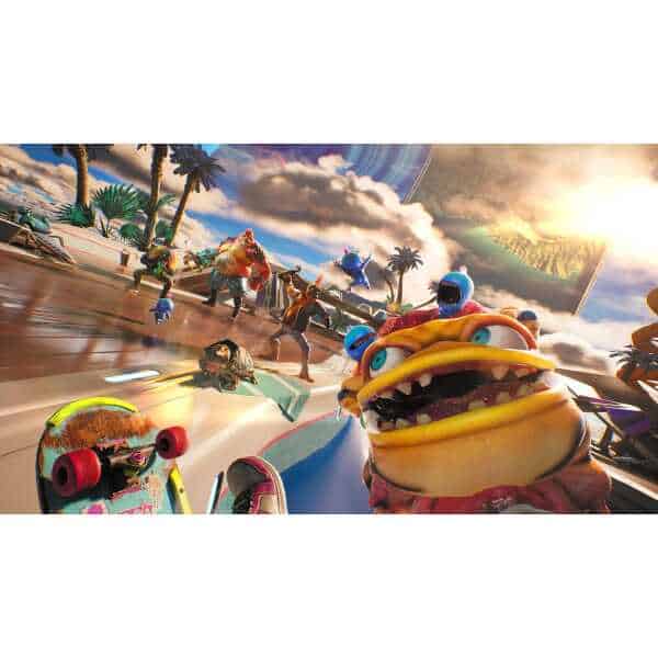 Vibrant mascot characters from Gameware at an outdoor event with palm trees and a bright sky.
