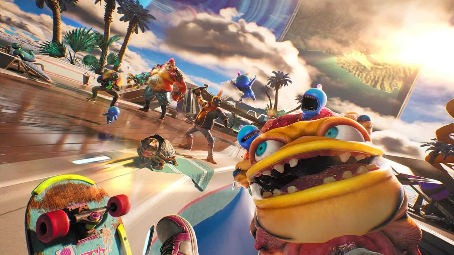 Vibrant mascot characters from Gameware at an outdoor event with palm trees and a bright sky.