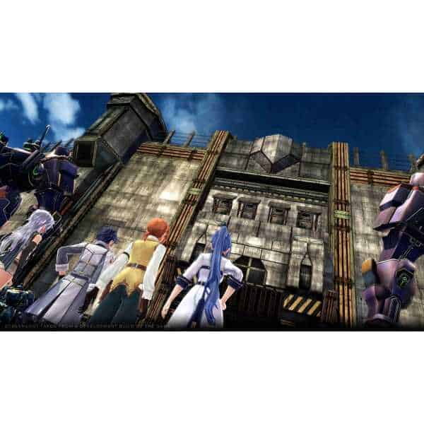 Intense mecha combat scene with futuristic robots and soldiers in front of a massive industrial buil.